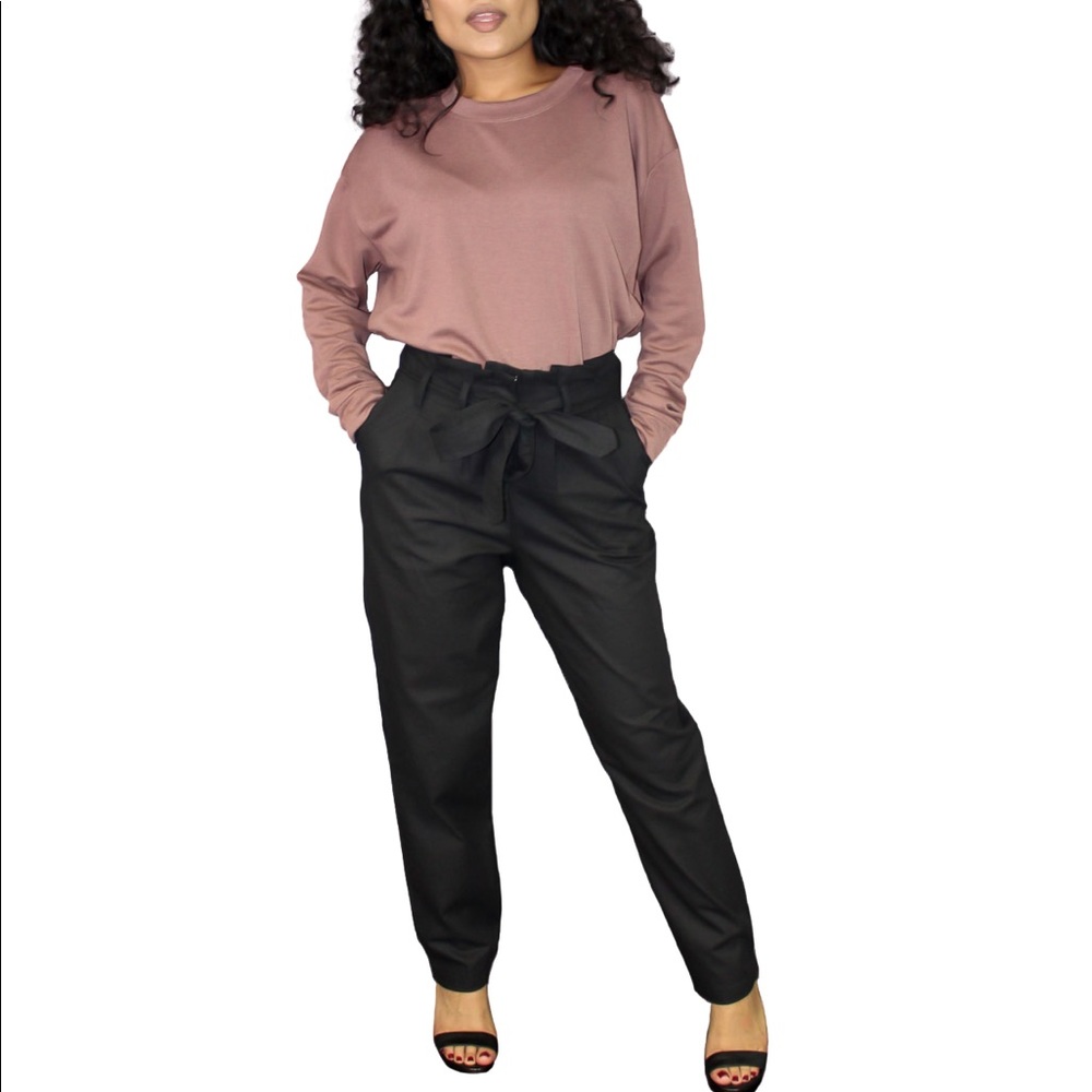 PAPER-BAG WAIST BELTED TAPERED PANTS